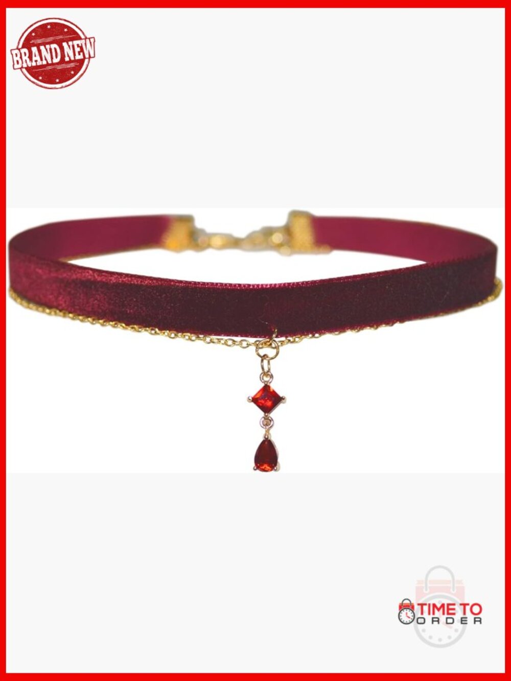 Gothic Velvet Double Layered Choker Necklace with Red Pendant